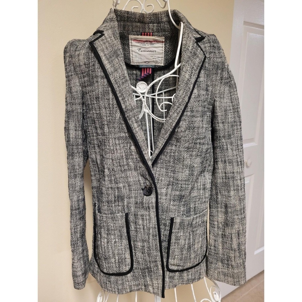 Anthropologie Womens Jacket Cartonnier Black Treed White Piping Blazer Size 2